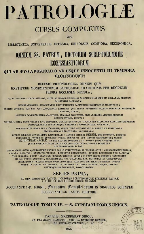 Patrologia Latina, vol. 4 (Migne) — manuscript witness to On the Lapsed (De Lapsis)